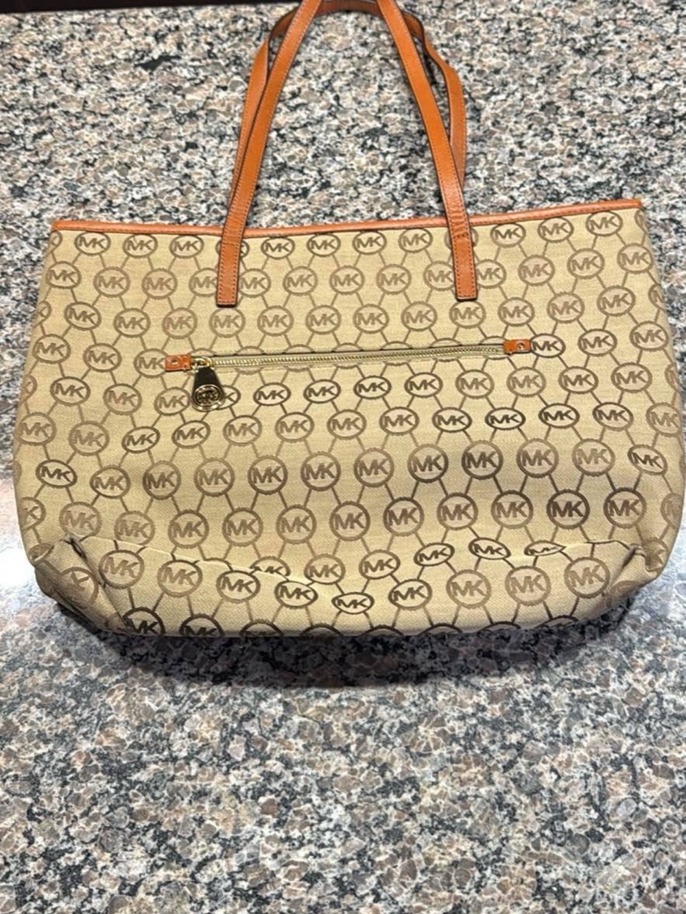 Michael Kors Beige Signature Tote with Tan Leather Handles